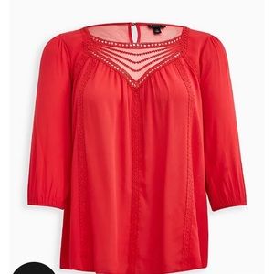 GAUZE EMBROIDERED AND CROCHET TRIM TOP